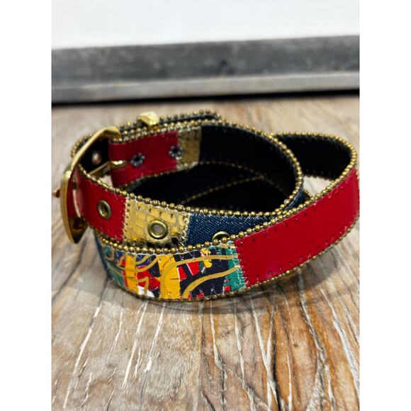 Vintage Patchwork Leather Belt Gold Stud Trim Art To Wear Statement Belt L main image 6